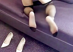 Awesome asian tranny having fun in stockings