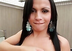 Tgirl jerks off and rides