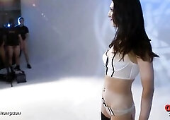 The brunette hair bitch drops to her knees and deepthroats multiple dicks one after one more. Thick loads explode across her face and into her open th