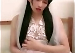 here comes the ladyboy bride too horny she wank and cum