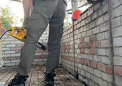 Builder masturbates off steamy boner after work! Good-sized geyser of spunk!