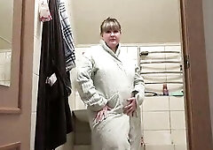 big beautiful woman pees in her white pants. Homemade.