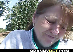 fellow helps injured big-boobed fur covered pussy granny