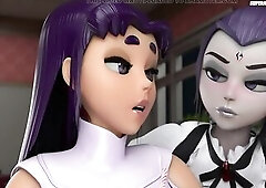 Raven & Starfire Fellatio Below The Table And Facial Ejaculation - CG Animated