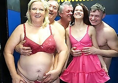 GrandParentsX.com clip! Excited old geezers turn a dingy backroom into a perspired orgy. Large-titted blond grandma Samantha Melons struts in red lace