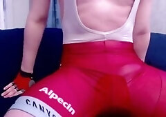 Hot stud in cycling gear pleasures himself and ejaculates