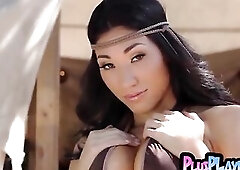 Breathtaking playgirl and Oriental sweetheart with large bazookas posed completely nude after hawt striptease