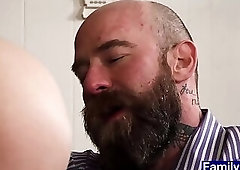 Tatted stepdaddy barebacks teen stepson on office table