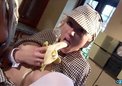 Lesbian Sherlock With Big Fake Boobs Fucks The Maid With Bananas And Her Tongue