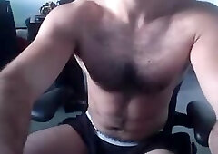 Furry chested muscle bate and cum while talking on mobile