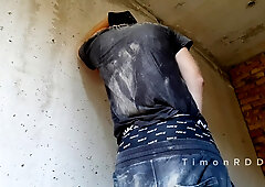 A builder determined to drain excess mancum while smoking