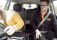 Corpulent english bird publicly riding instructor in advance of tugging on back seat