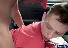 Adorable twink barebacked by ebony coach in car