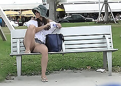 Upskirt Wife 27 - Heather Silk flashing her shaved pussy to voyeurs in public park!