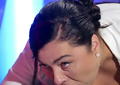 Chubby cock sucker bounces on a man's massive erect penis