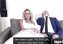 Hot Blonde Newlywed Bride Pays Debt with Her Tight Pussy While Groom Watches