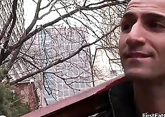 Hot gay threesome action on sofa