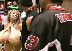 Blonde with big boobs fucked from behind before tit wanking
