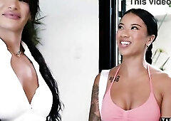 Breasty ebony chick training on a large tgirl shlong