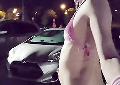 Sissy femboy walking around in tiny pink bikini in public