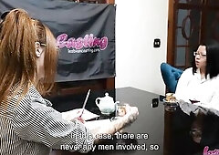 Experienced redhead interviewer Bella sits with her legs crossed, sharp eyes devouring each nervous twitch of youthful Lara during her very 1st adult 