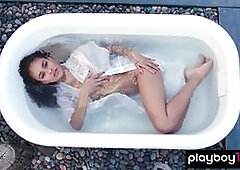 Bombastic all natural ebony babe Scarlit Scandal with perfect boobs wakes up and takes off her sexy white lingerie slowly then she goes to the yard wh