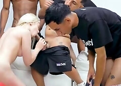 Four people engage in a horny gang-bang session