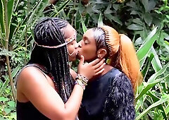 Enthralling, Ebony dame with smallish knockers is yelling while her gf is frolicking her fuckbox