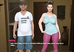 Hotwife embraces older guest while her husband watches from afar