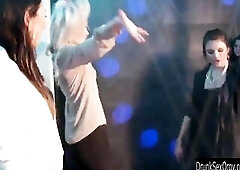 Sinfully lesbian cuties dancing and masturbating their slick beavers in public in a club