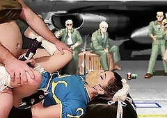 Street Fighter II Parody- Chun Li VS Guile, Chun Li gets drilled in all holes and an anal creampie