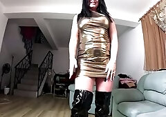 I begin in a taut glossy mini costume with no brassiere, my hard nipps visible throughout the fabric. I’m wearing tall ebony leather boots with high