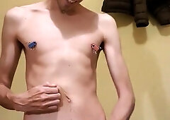 Munching my own jism, with nip clothespins, and pinning my pecs. Self SADISM & MASOCHISM