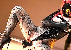 Masked nympho in lingerie gets creampied by a fuck machine