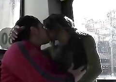 Blue eyed shemale w big tits sucks lover's cock in a bus