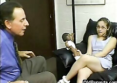 Barely legal teenie in glasses sucks weenie like a pro and gets fucked by an old pervert