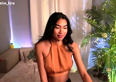 Shaved Asian milf squirting while masturbate on webcam