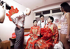 Sweet asian teen gets shared by two lustful guys in bed after the wedding