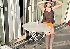 Hot lengthy legs hawt and cute girlfriend has no brassiere flashes her pants and takes 'em off on the balcony for neighbors. Exhibitionist angel 