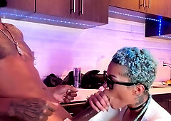 Ebony milf sucks big black cock dry and clean in the kitchen