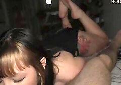 Awkward oral job from a teenage angel in an evening costume