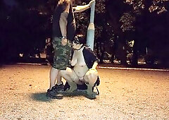 Slavemaster pee in my throat in public park