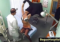 Dark haired woman in black stockings is getting fucked in her doctor's office, during the day