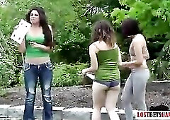 3 gals play a disrobe game.The 2 losers must do flips to watch who wins. The ultimate loser is thonged to the door and u'll must see to watch wha