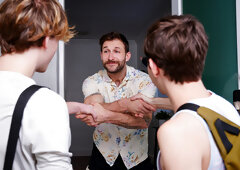 Pool guy fucks pair of gay twinks in retsless threesome