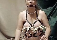 2025 08 21 Slave F self-seance clamps harness gag belt