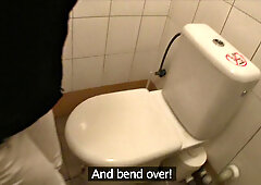 Agree to a steamy bathroom fuck and get a mouthful of cum