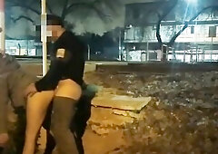 cutie flashing exposed in the street screwing in public voyeurs and caught by the police
