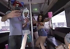 Blonde babe Arya Fae fucks in a bus full of wild coeds