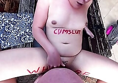 OVERWEIGHT BITCH with TINY MELONS gets a CREAMPIE outdoors with BODY WRITING